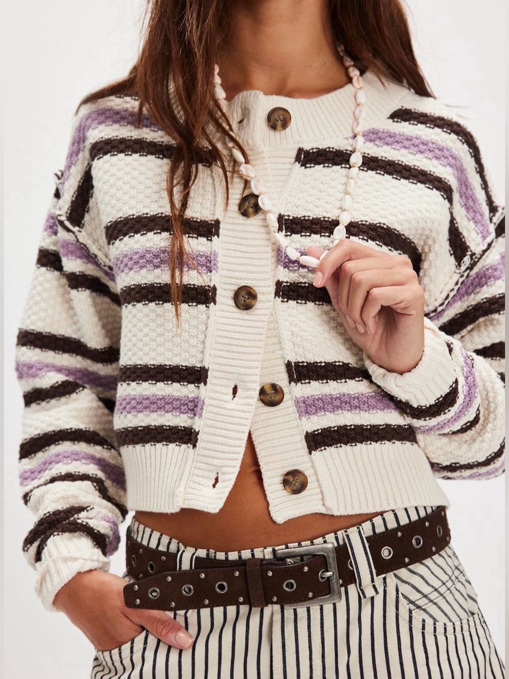 NWT Free People Lila Stripe Cardi in Ivory Combo-Cream, Lavender, & Brown Size M